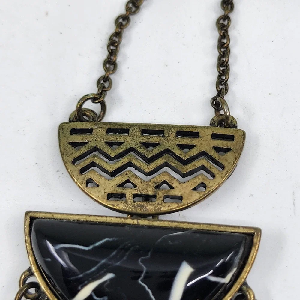 Gold Tone Black Faux Stone Tribal Spike Fringe Statement Pendant Necklace Boho